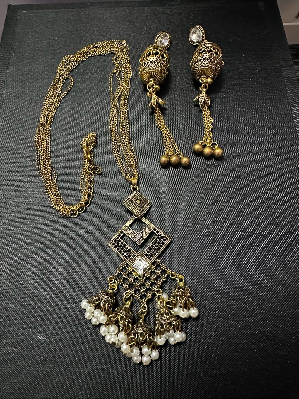 Gold-tone Pearl Fringe Pendant Necklace and Earrings Set
